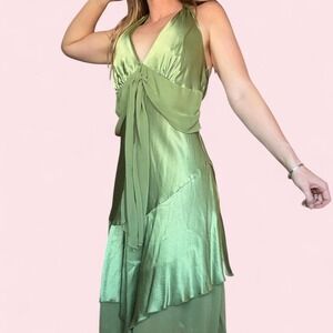 Vintage 90s Green Silky Halter Dress Made in USA
